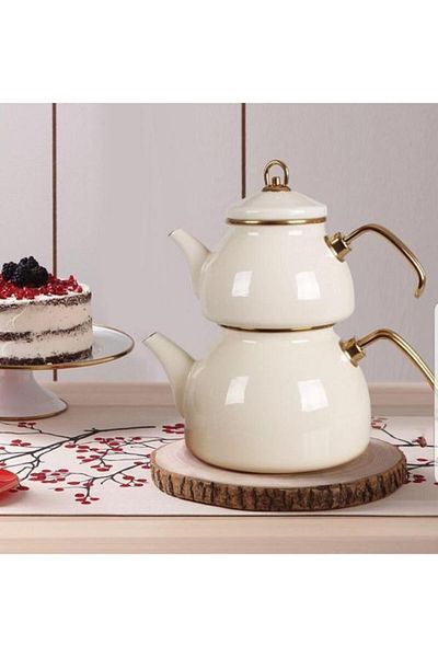 Bondy Grandeur Enamel - Cream Colored Locked Lid Teapot Set