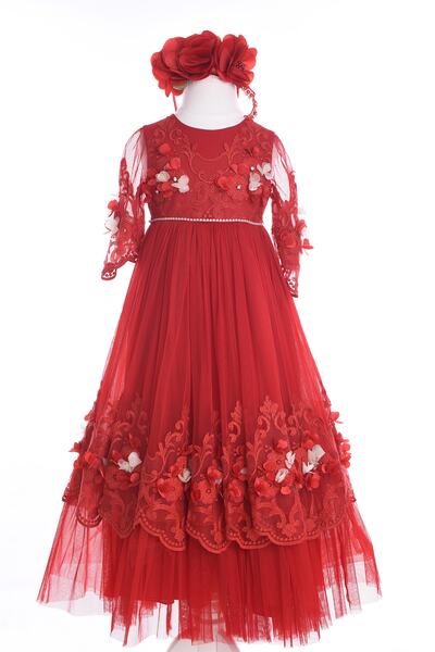 Mialora Couture Червена, бродирана с дантела и цветя, коронована, със специален дизайн, вечерна рокля за момиче