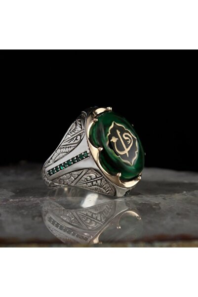 BayVog Elif Vav Harfli Kehribar Taşlı 925 Ayar Gümüş Yüzük