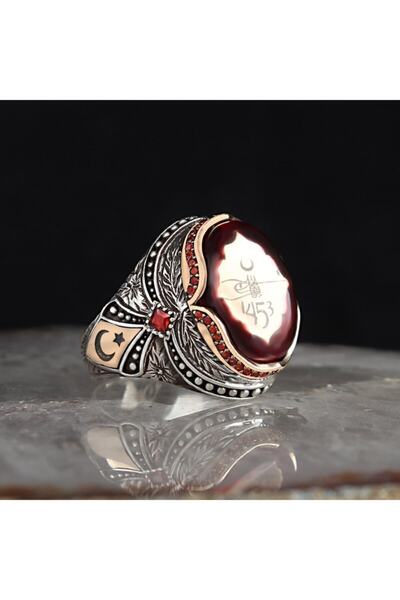 BayVog Kehribar Taşlı Osmanlı Tuğralı 925 Ayar Gümüş Yüzük