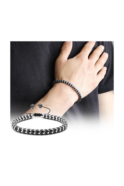 Tesbihane Snake Design Black-Silver Hematite Natural Stone Bracelet104000566