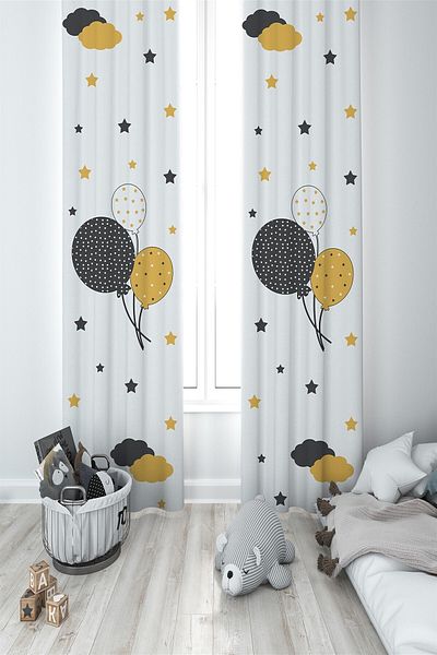 MEKTA HOME Unisex White Balloon Children's and Baby's Room 2 Wings Background Curtain Mkt-002