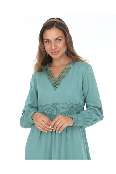 Apple Cix Kadın  Su Yeşili Eteği Ve Kolu Dantel Içi Astarlı Elbise