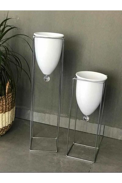 Tasarım Evi Set of 2 Decorative Chrome and Flower Pot Flower Patterned Large Size Vase