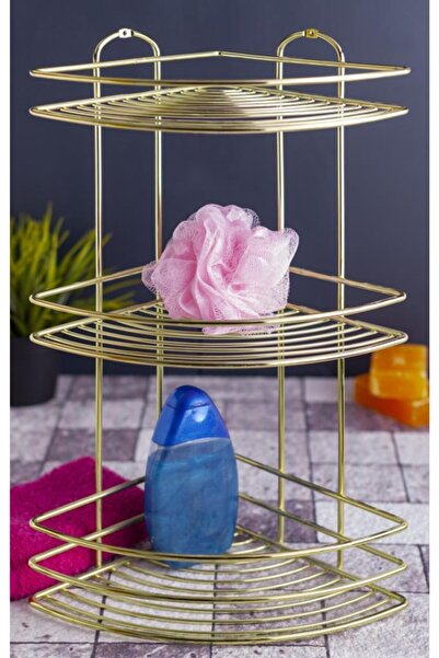 Teknotel Üç Katlı Banyo Duş Köşe Rafı Altın Sarı BK023