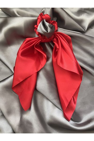 Yeşim Aksesuar Women's Red Color Satin Luxury Scarf Hair Elastic Scrunchie