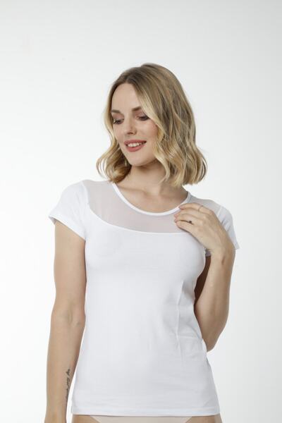 Hmd Tricou alb din bumbac pentru femei, cu detaliu din tul pe piept, textura confortabilă și mânecă scurtă