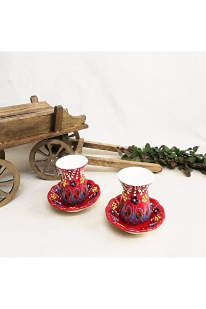 ÇETİN ÇİNİ 6 Kişilik El Işi Çini Kırmızı Çay Seti