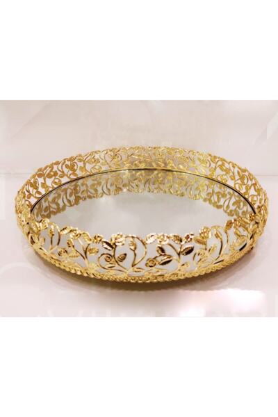 panayır 35 Cm Çaplı Gold Altın Sarısı Metal Söz Sunum Nişan Tepsisi Jardiyer