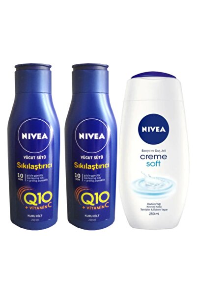 NIVEA 2 Adet Q10 Vücut Sütü Sıkılaştırıcı 250 Ml Kuru Ciltler Mavi + Creme Soft 250 Ml Duş Jeli Hediyeli