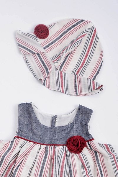 Capps Baby Girl Striped Dress Hat Set Claret Red