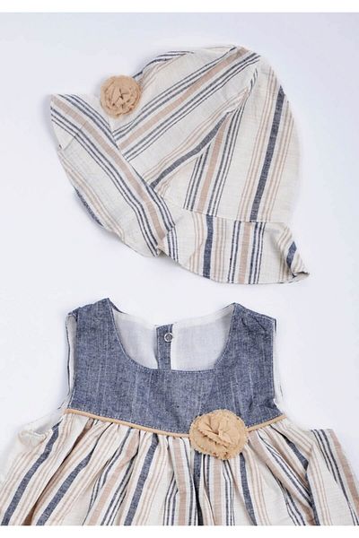 Capps Baby Girl Striped Dress Hat Set Beige