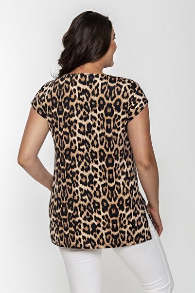 Seamoda Στρογγυλή λαιμόκοψη Leopard μοτίβο κοντομάνικο μπλούζα-καφέ