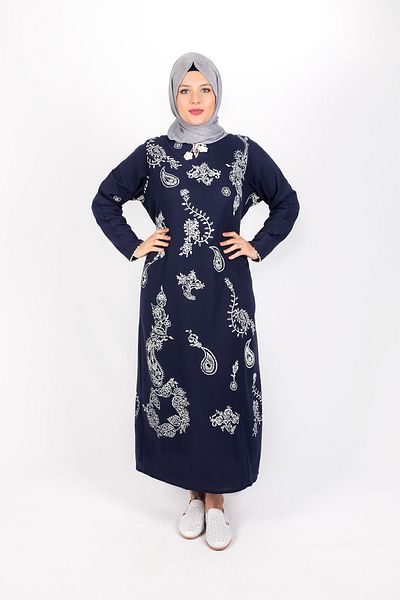 Kardelen Butik Ümraniye Women's Navy Blue Sile Cloth Printed Long Sleeve Dress