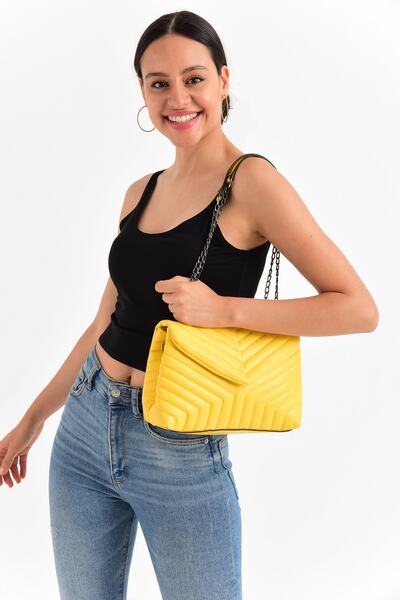 Bagzone V Embroidered Magnet Detailed Semi-Chain Strap Shoulder Bag