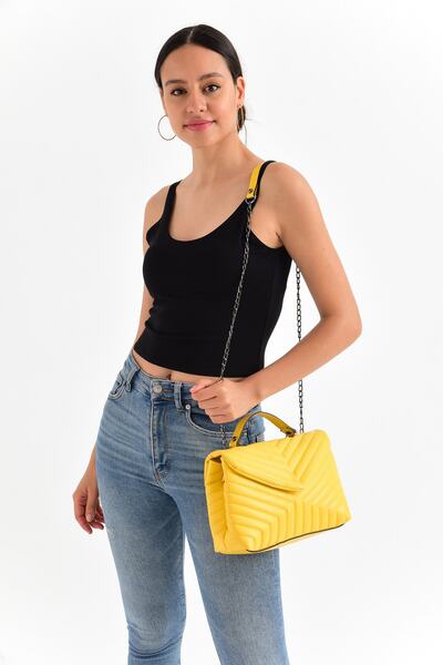 Bagzone V Embroidered Magnet Detailed Semi-Chain Strap Shoulder Bag