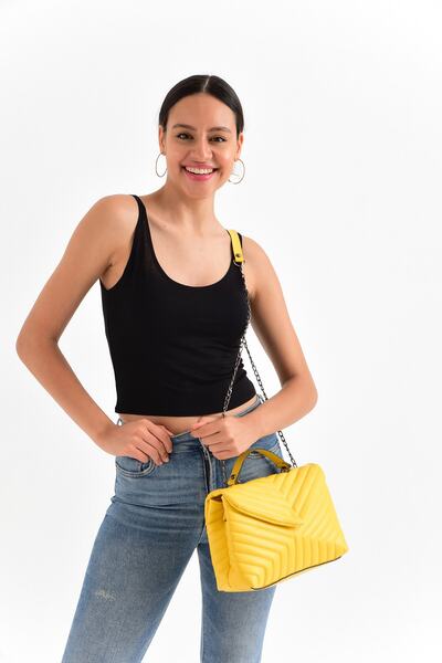 Bagzone V Embroidered Magnet Detailed Semi-Chain Strap Shoulder Bag