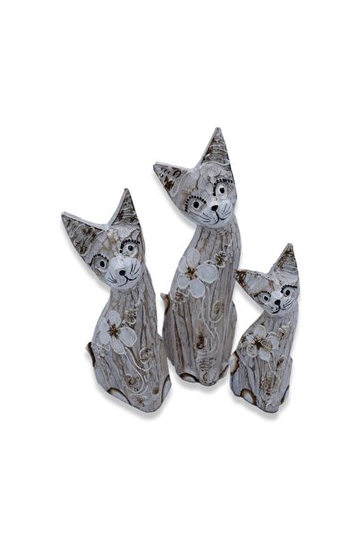 Hedicaret Ahşap Kedi Biblosu, 25 cm, Üçlü Biblo, Dekoratif Hediye