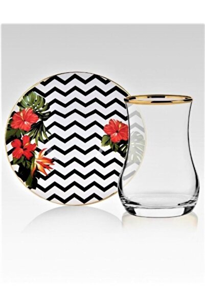 WuuQ Lüx 6 Kişilik Çay Seti Piramit Çizgili Çiçek Desen