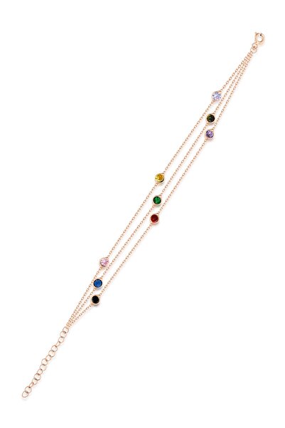 Trend Silver Kadın Gümüş Rose Renkli Taşlı Zincirli Bileklik