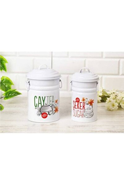 Akın 2 Li Metal Dekoratif Beyaz Kapaklı Çay Şeker Saklama Kutusu