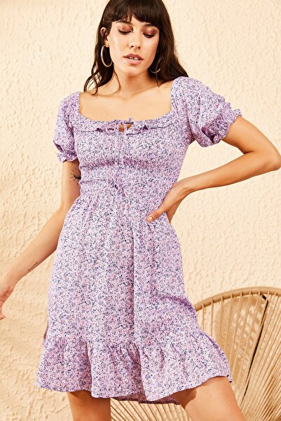 Bianco Lucci Γυναικείο Φόρεμα Ελαστικό Σχοινί Δεμένο Μικρό Λουλουδένιο Μοτίβο