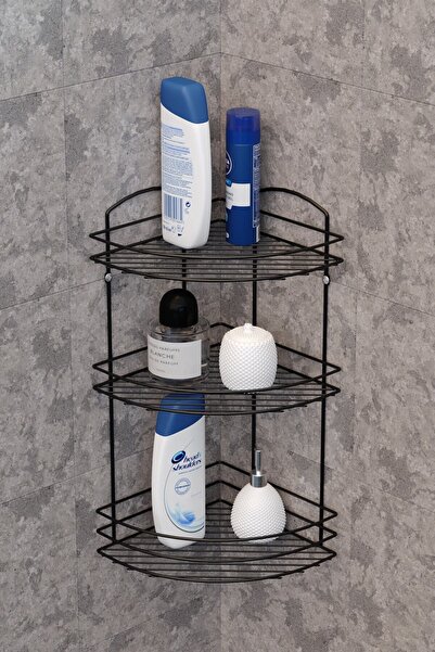 Teknotel Üç Katlı Banyo Duş Köşe Rafı Mat Siyah BK033