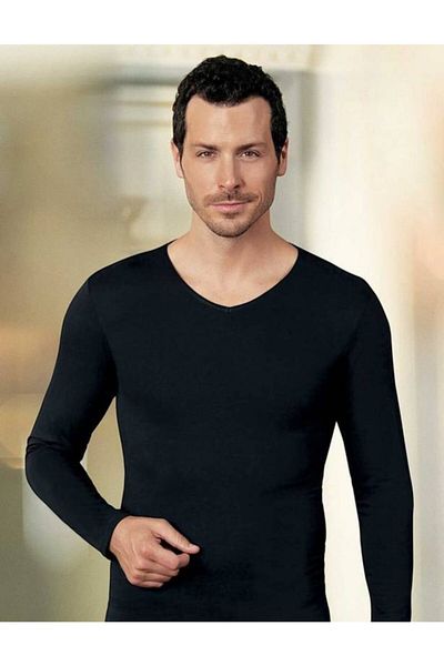 Şahinler Men's Black Long Sleeve V-Neck Single Jersey T-shirt Me075