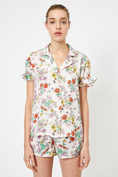 Koton Women's Ecru Floral Patterned Ruffle Detailed Short Sleeve Pajama Top