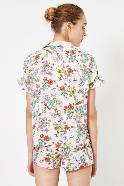 Koton Women's Ecru Floral Patterned Ruffle Detailed Short Sleeve Pajama Top