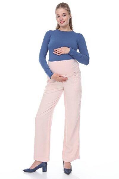 MİMBA Kadın Pudra Keten Ispanyol Paça Hamile Pantolonu
