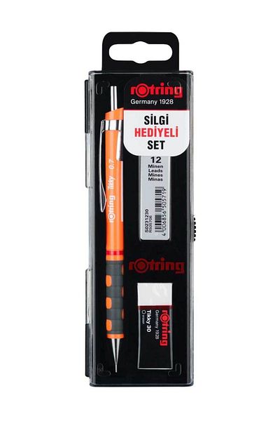 Rotring طقم مدرسة تيكي 0.7 ملم قلم نيون برتقالي متعدد الاستخدامات + ممحاة + طرف
