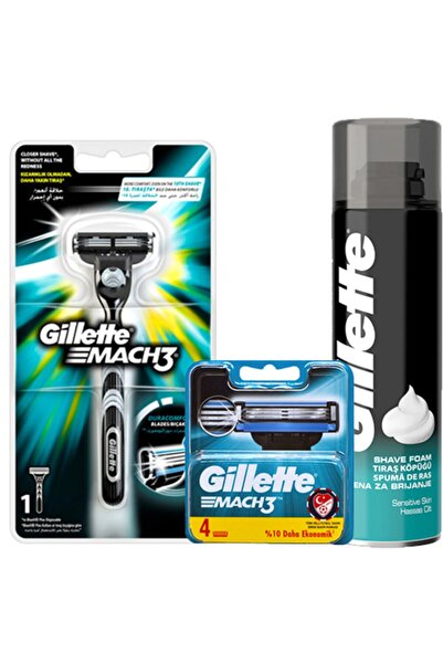 Gillette Gilette Mach3 Makine 1up + Mach3 4'lü Yedek Bıçak + 200ml Traş Köpüğ...
