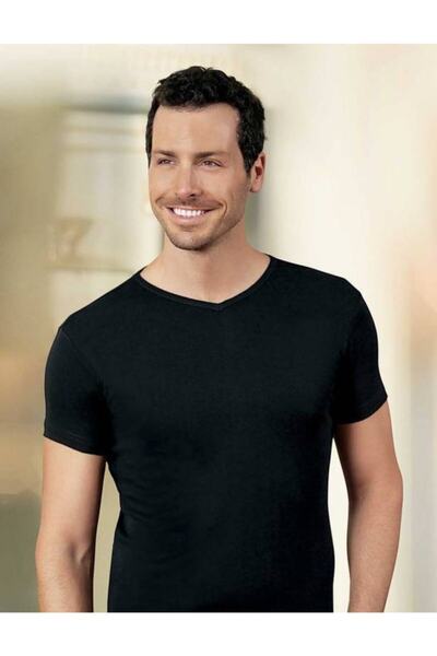 Şahinler Чоловічий чорний V-подібний комір з короткими рукавами Ribana T-shir...