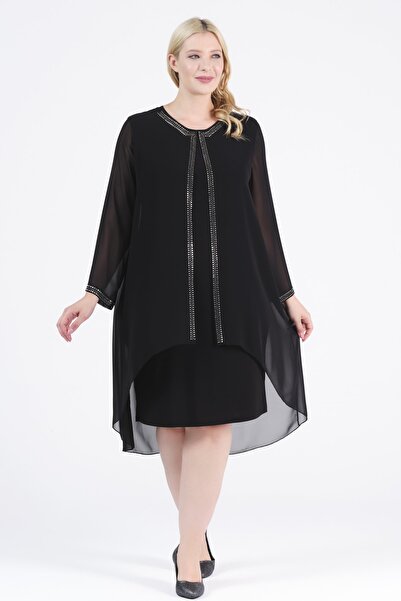 Oktay Taşlı Şifon Tunik Içi Esnek Kristal Kumaş Siyah Renk Abiye Elbise