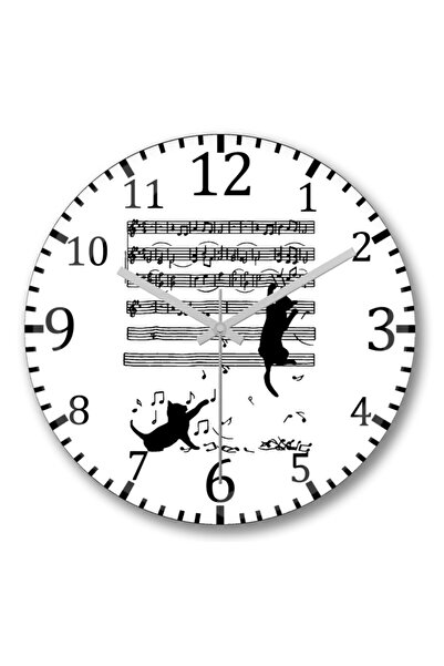 Baskı Dükkanı Yaramaz Komik Müzik Notalı Kedi Cat Duvar Saati Bombeli Gercek Cam