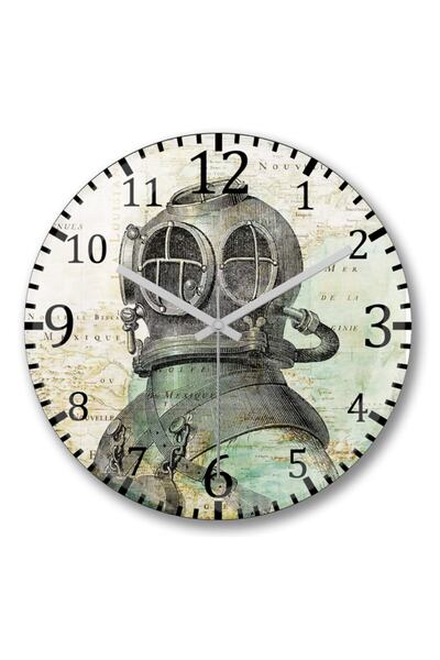 Baskı Dükkanı Scuba Diving - Curved Real Glass with Wall Clock