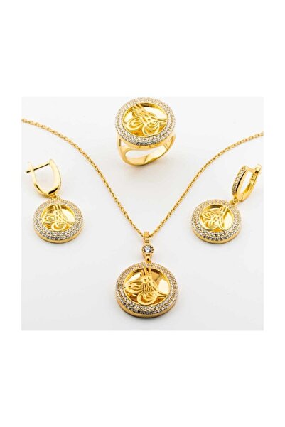 Takıhan Kadın Sarı Altın Kaplama 925 Ayar Gümüş Zirkon Taşlı Osmanlı Tuğrası Set