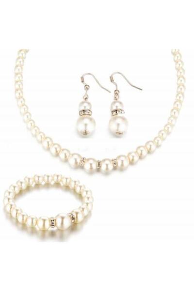 Worldshop Stone and Pearl Jewelry Set, Necklace, Bracelet, Earrings 18 Gp, in...