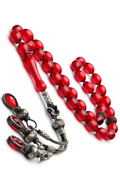 OTTOTESBİH 1000 Ayar Gümüş Kazaz Püsküllü 9x12mm Kırmızı Ateş Kehribar Tesbih