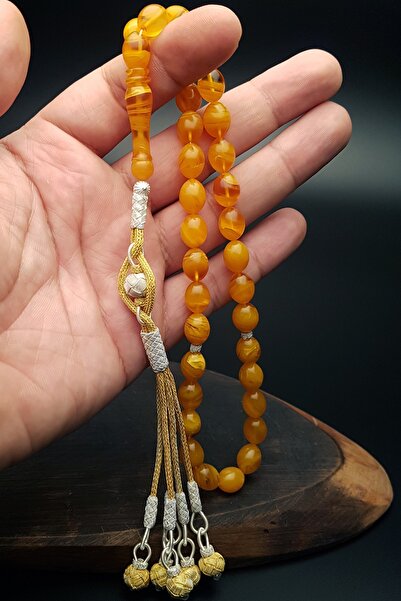 OTTOTESBİH 1000 Ayar Gümüş Kazaz Kamçılı Hızır Çakırbeyli Model 9x12mm Sarı Hareli Sıkma Kehribar Tesbih