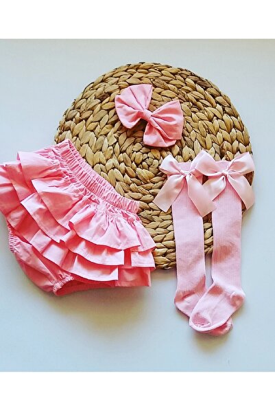 Asa Bebek Çocuk Kız Bebek Fırfır Şortlu,tokalı ,diz Altı Çoraplı Pembe Set