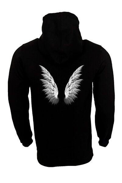 Raf Coll Hanorac negru cu glugă, unisex, cu imprimeu pe spate cu aripi de înger