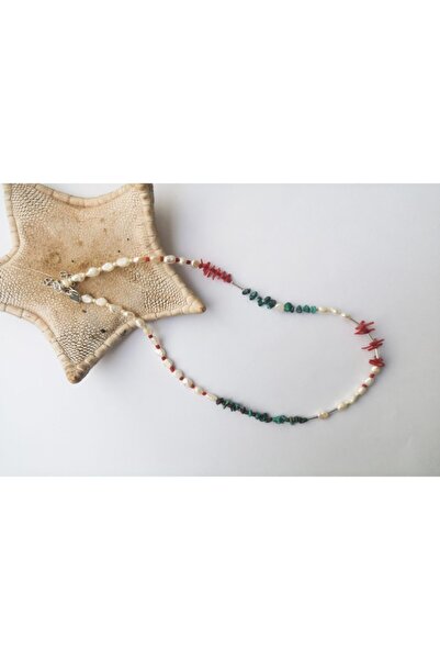 camADA Kadın Bej İnce  Mercan Turkuaz Gümüş Kolye