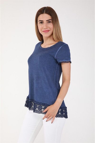 Seamoda Short Sleeve Skirt with Lace Oil Wash Tunic-navy blue