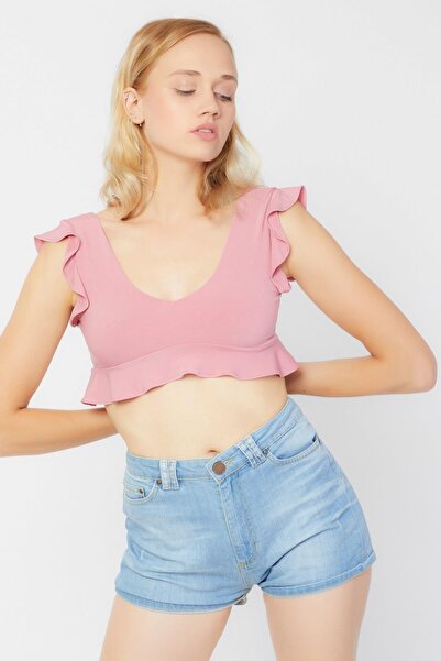 LAMODEMAPASS Kadın Pembe Volanlı Crop Top