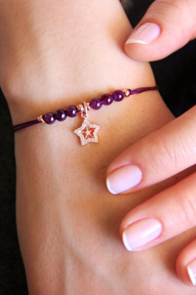 Argentum Concept Yıldız Motifli Ametist Taşlı Gümüş Makrome Bileklik - B070201