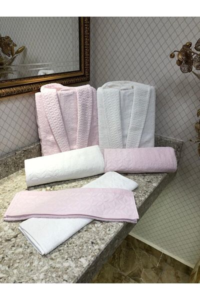 JOLLY HOME Jacquard Leaf Pattern Powder White Bathrobe Set