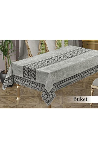 İDEAL TASARIM Lüks Vip Kalite Ara Güpürlü Buket Model Kadife Masa Örtüsü