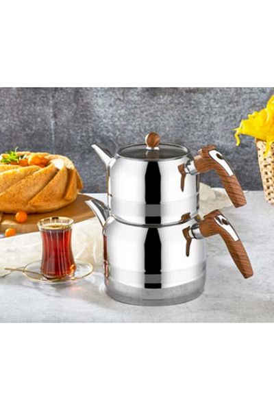 Kahramanlar Yağmur Wooden Midi Size Stainless Steel Teapot Set 4503-a
